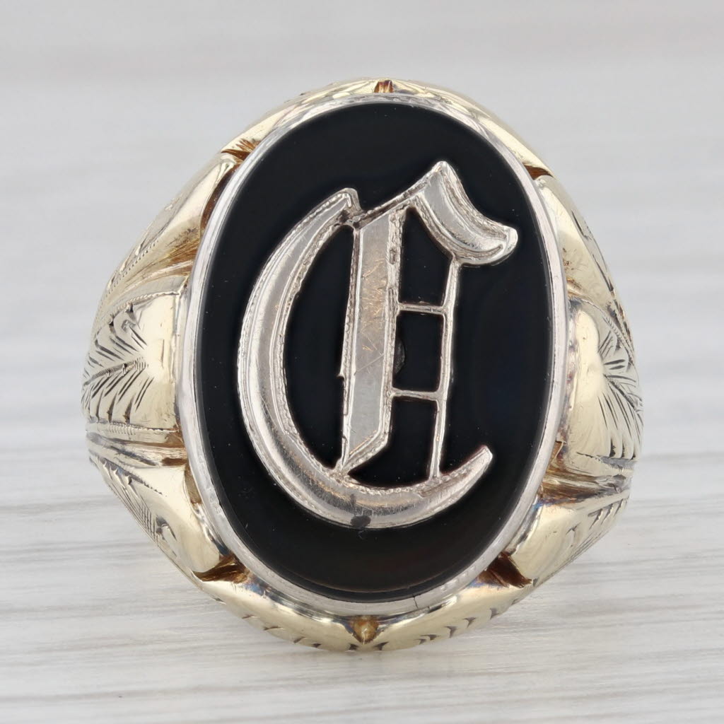 Gray Vintage Black Onyx Oval Tablet Signet Ring 10k Yellow Gold Size 7.75