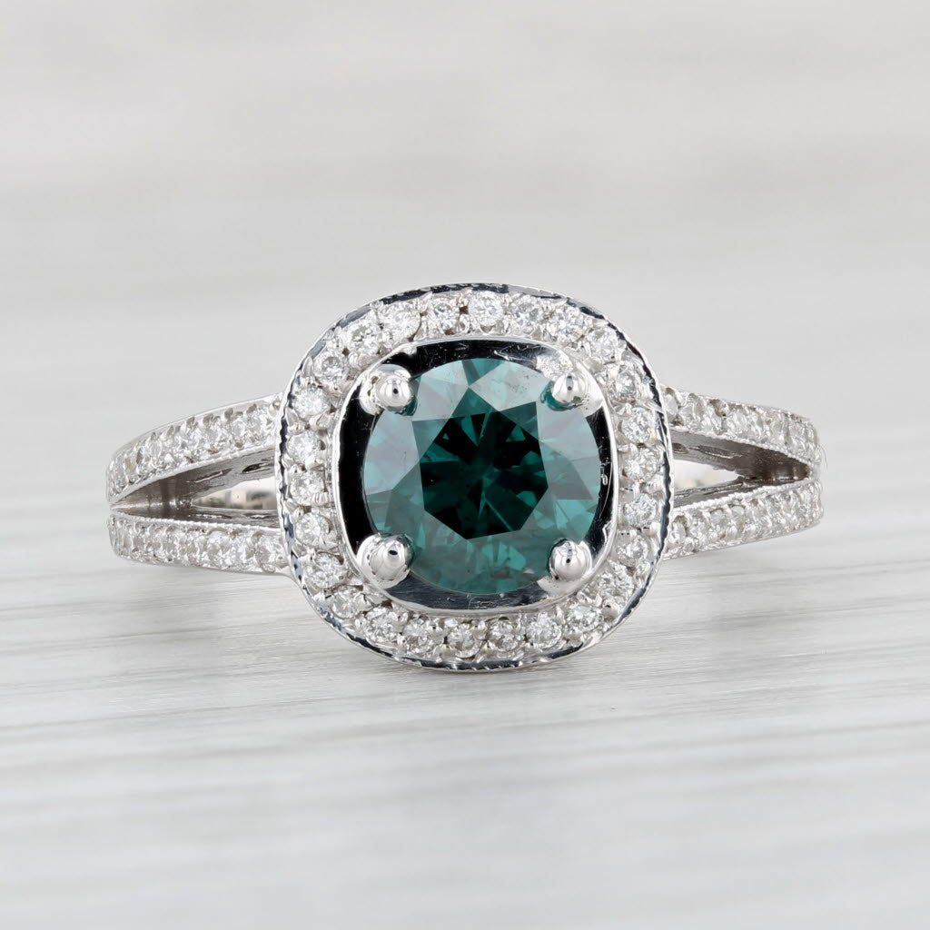 Light Gray 1.86ctw Round Teal Diamond Halo Engagement Ring 18k White Gold Size 7.75 IGI