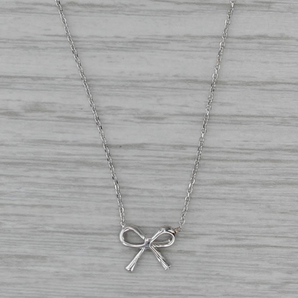 Diamond Bow Pendant Necklace 14k White Gold Cable Chain 16.25"