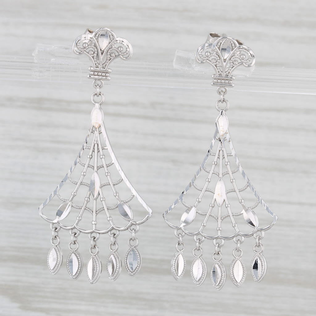 Light Gray Webbed Filigree Fringe Dangle Earrings 14k White Gold Pierced Drops