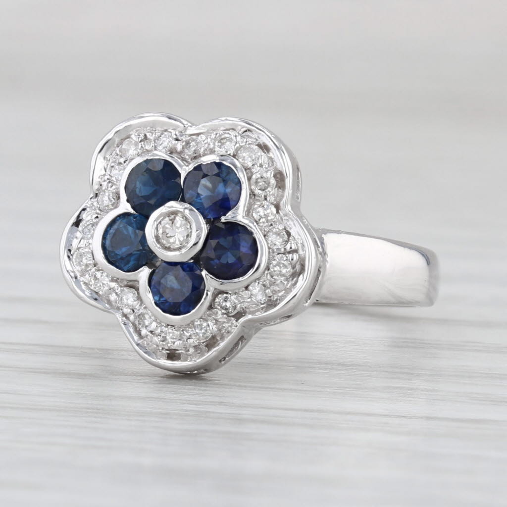 0.86ctw Blue Sapphire Diamond Flower Ring 14k White Gold Size 6.5