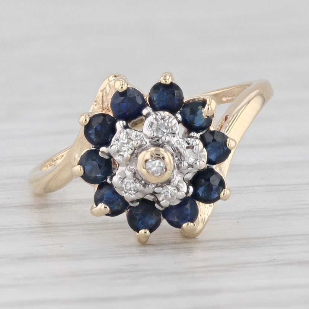 Light Gray 0.60ctw Blue Sapphire Flower Ring 10k Yellow Gold Sz 4.75 Bypass Diamond Accents