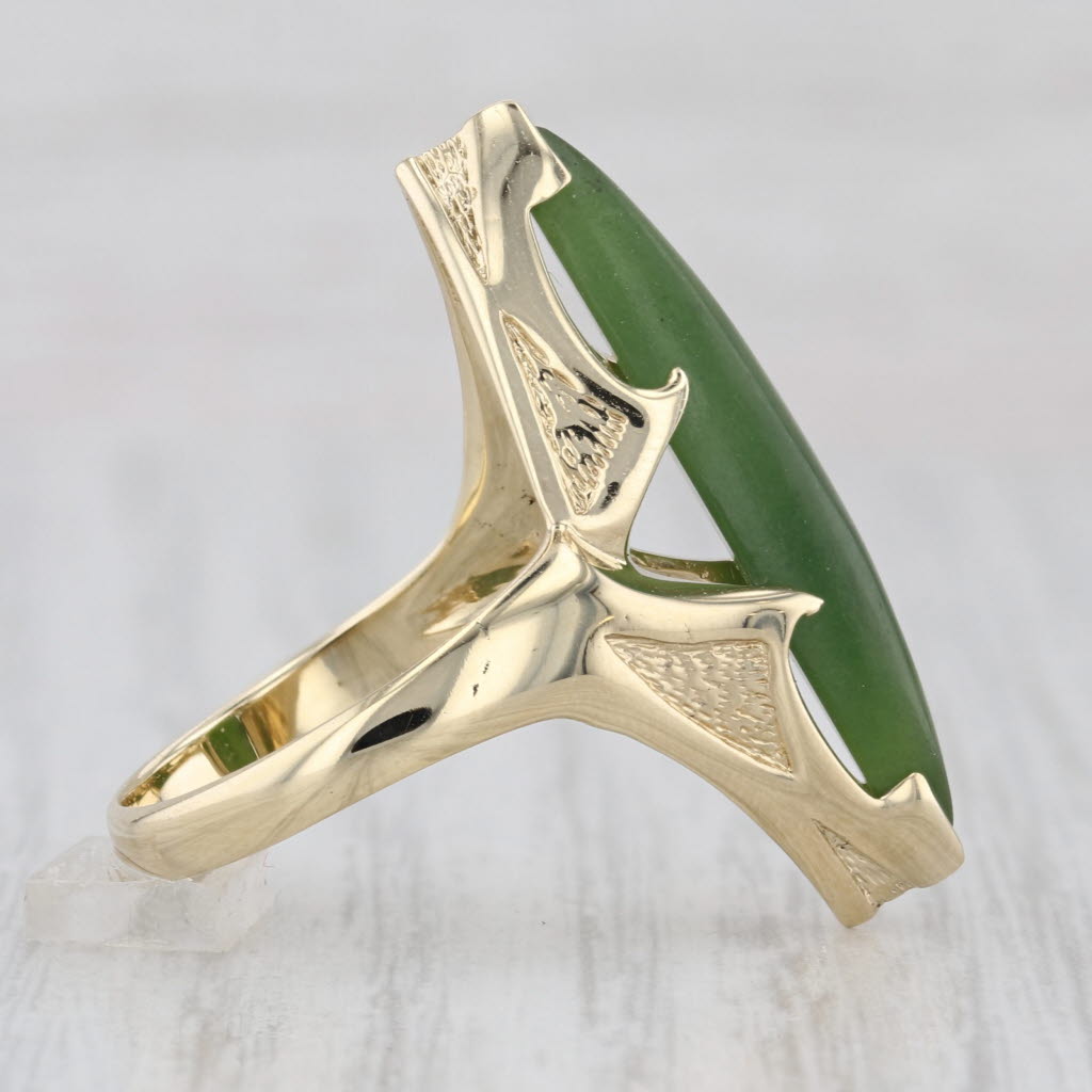 Vintage Green Nephrite Jade Navette Cabochon Ring 14k Yellow Gold Size 6.75