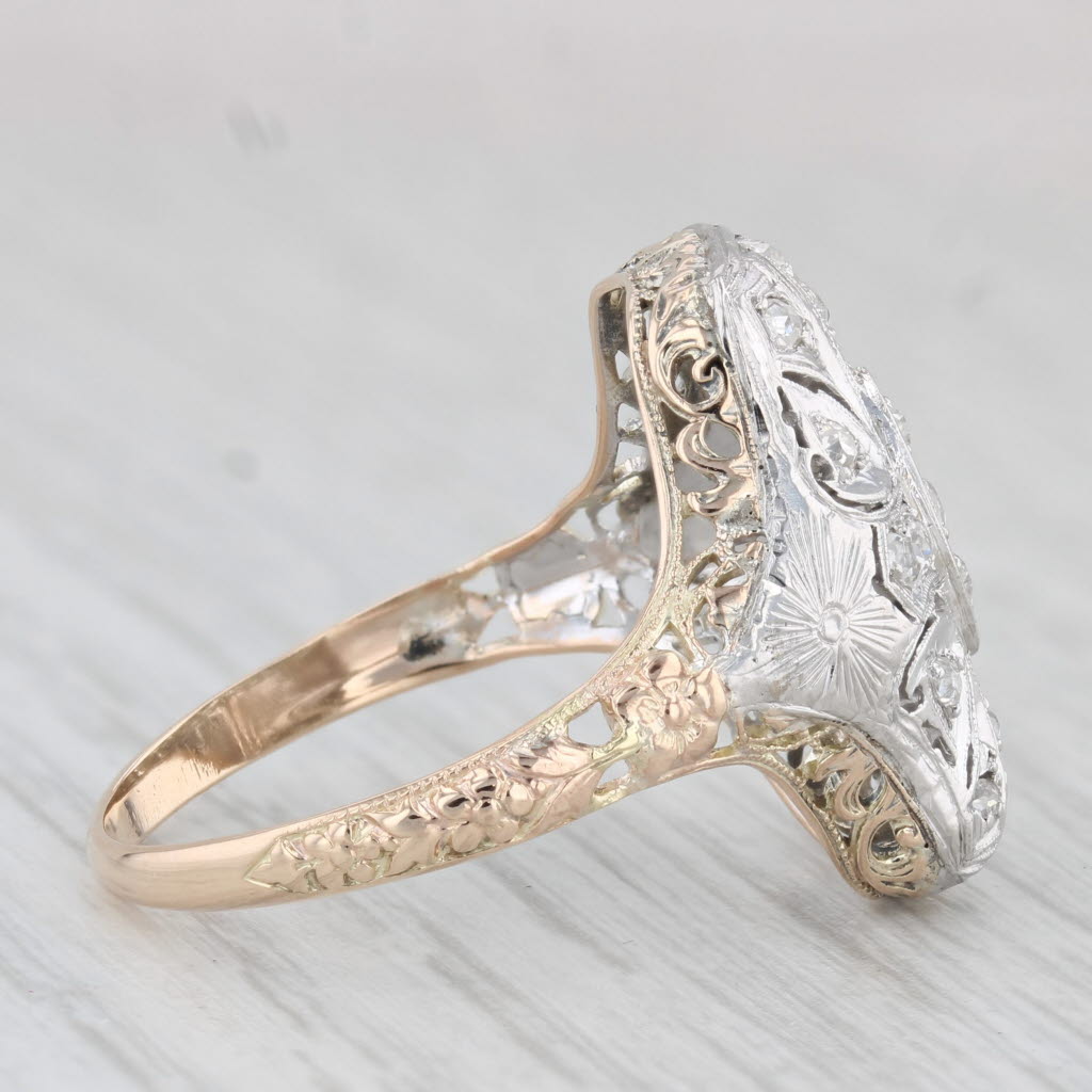 Light Gray Antique Ornate Diamond Ring 10k Gold Palladium Filigree Repousse Size 10.25