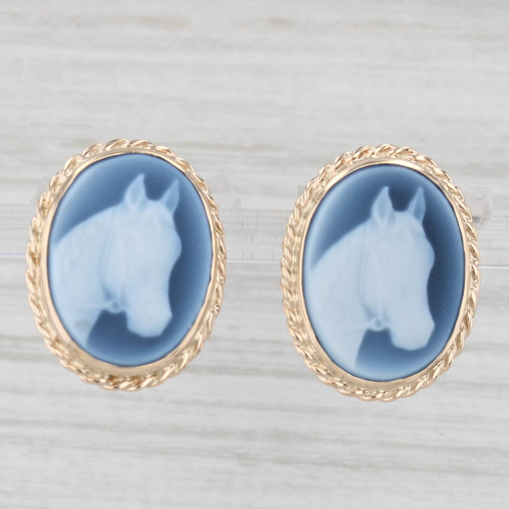 Light Gray New Black White Chalcedony Carved Horse Cameo Earrings 14k Yellow Gold