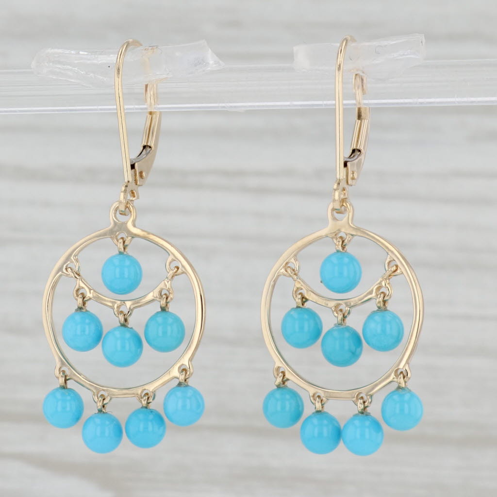 Light Gray Lab Created turquoise Bead Circle Dangle Earrings 14k Yellow Gold Lever Backs