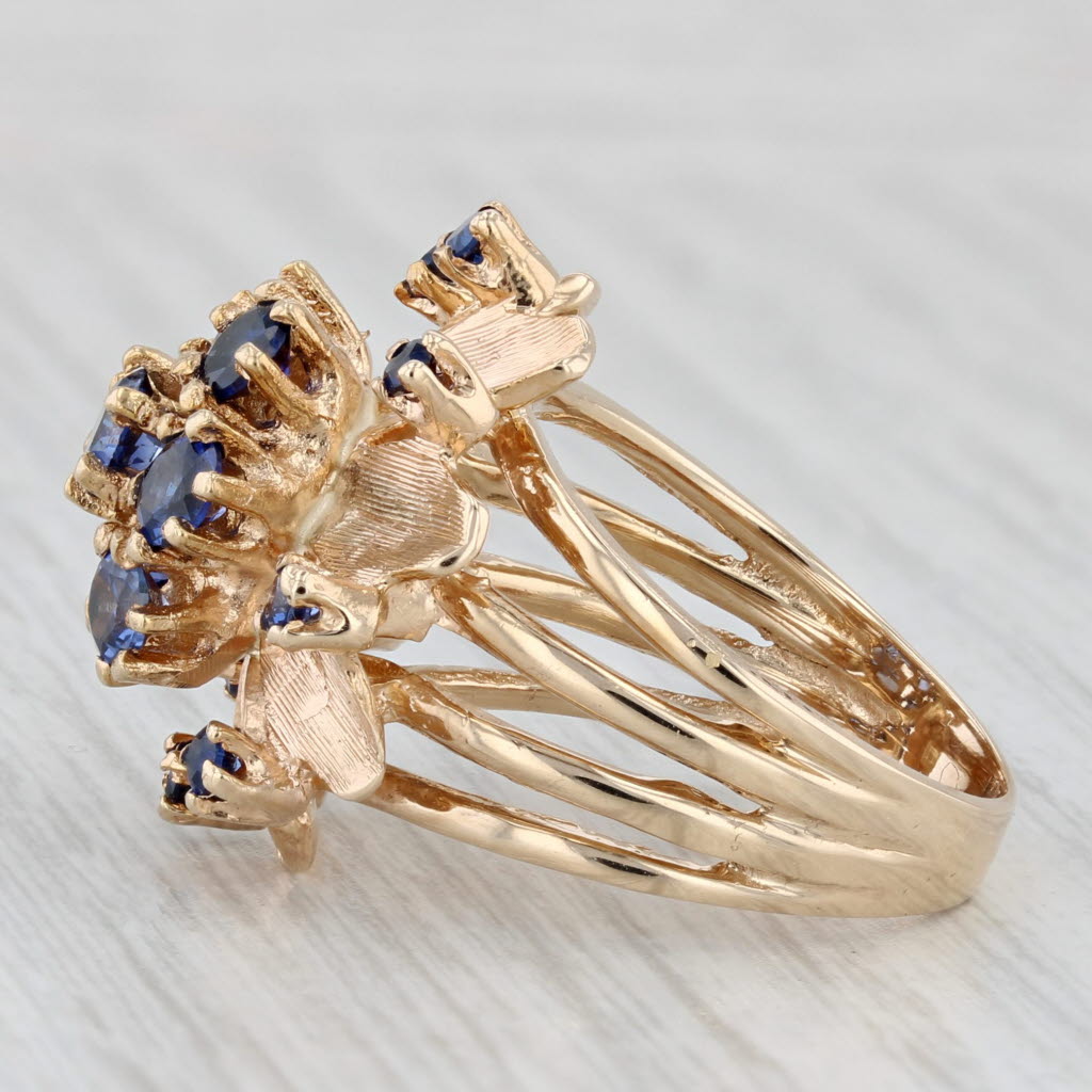 Light Gray Lab Created Blue Sapphire Flower Cluster Ring 14k Yellow Gold Cocktail Size 7.5