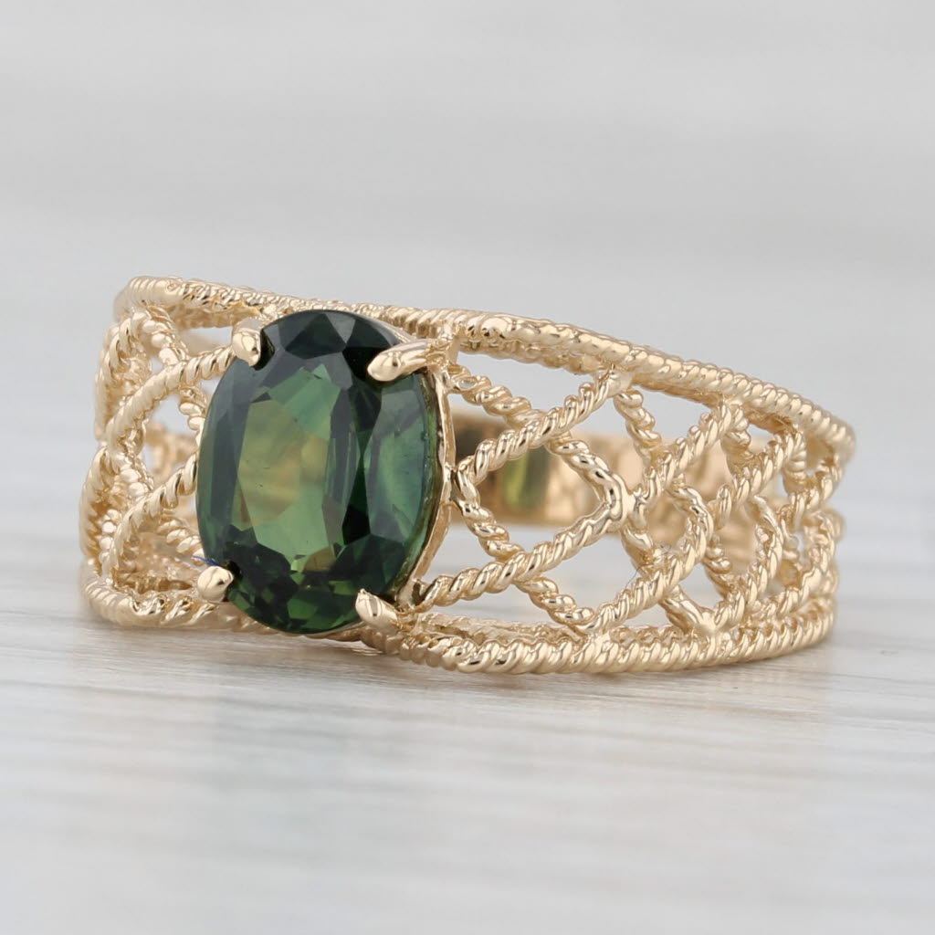 Light Gray 1.60ct Oval Green Sapphire Solitaire Lattice Work Ring 14k Yellow Gold Size 6