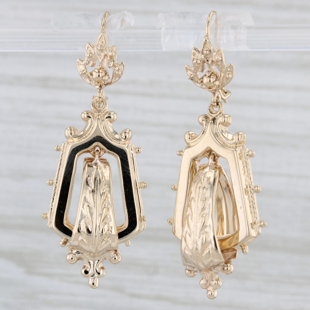 Light Gray Vintage Ornate Dangle Earrings 14k Yellow Gold Hook Posts & Clasps