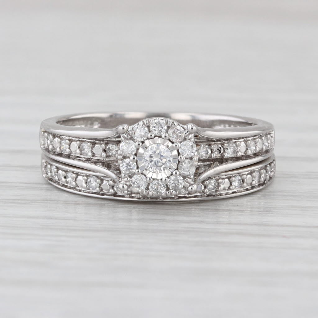 0.35ctw Diamond Halo Engagement Ring Wedding Band Bridal Set Sz 7 10k White Gold