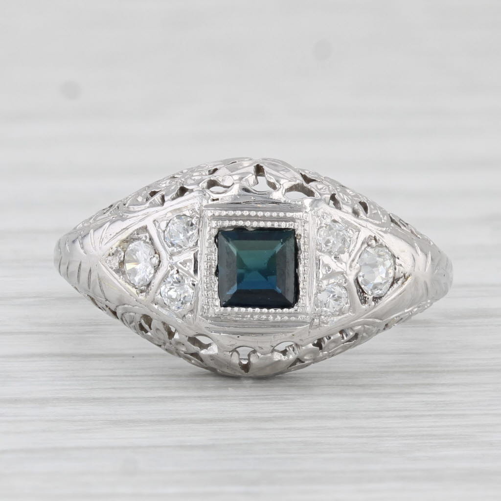 Light Gray Vintage 0.56ct Blue Sapphire Filigree Vintage Ring 18k Gold Size 6.5 Engagement