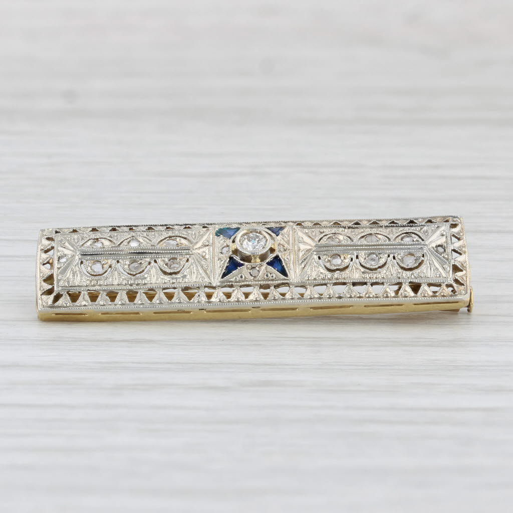 Light Gray Antique Diamond Blue Glass Bar Brooch Ornate 18k Gold Pin