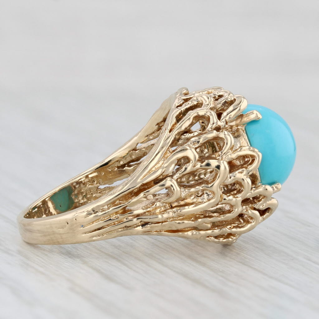 Light Gray Simulated Turquoise Ring 14k Gold Round Cabochon Size 6.5 Ornate Openwork