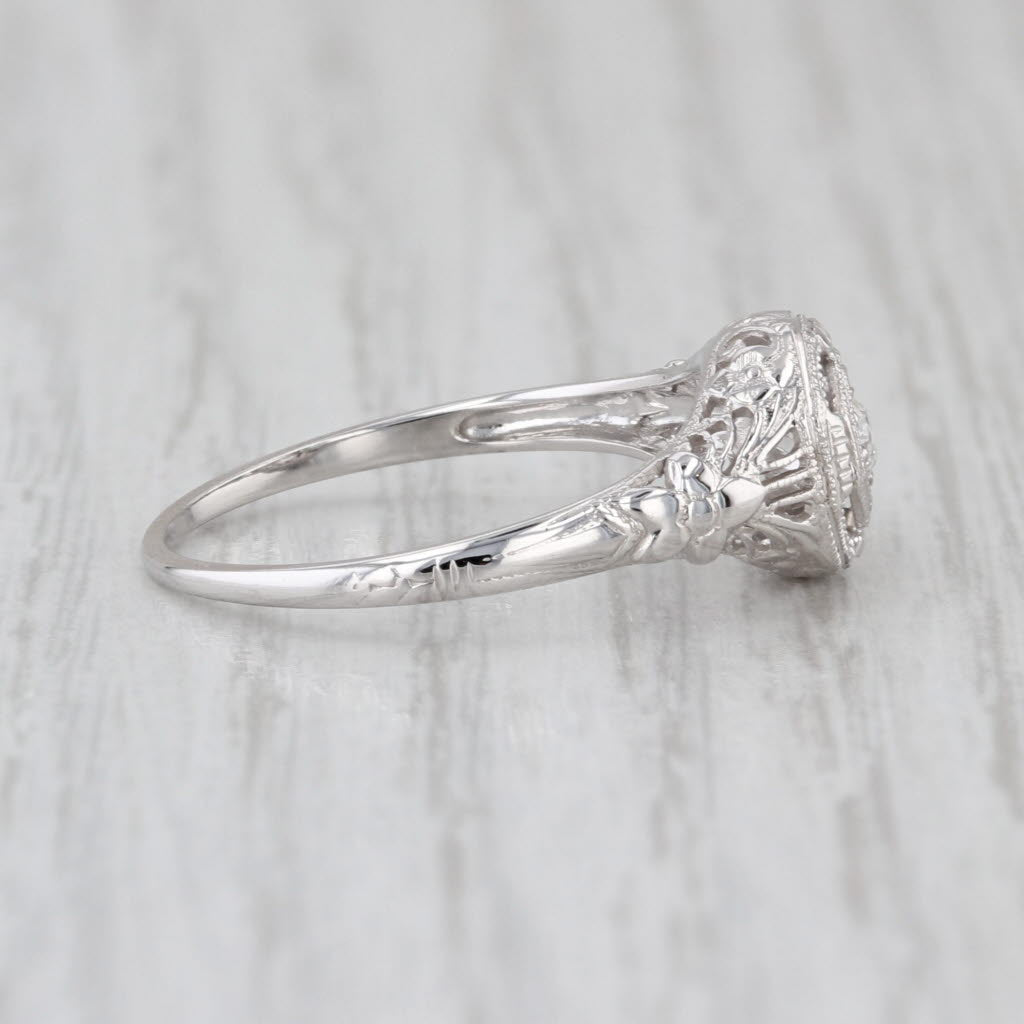 Art Deco Diamond Solitaire Ring 18k White Gold Filigree Size 7.5
