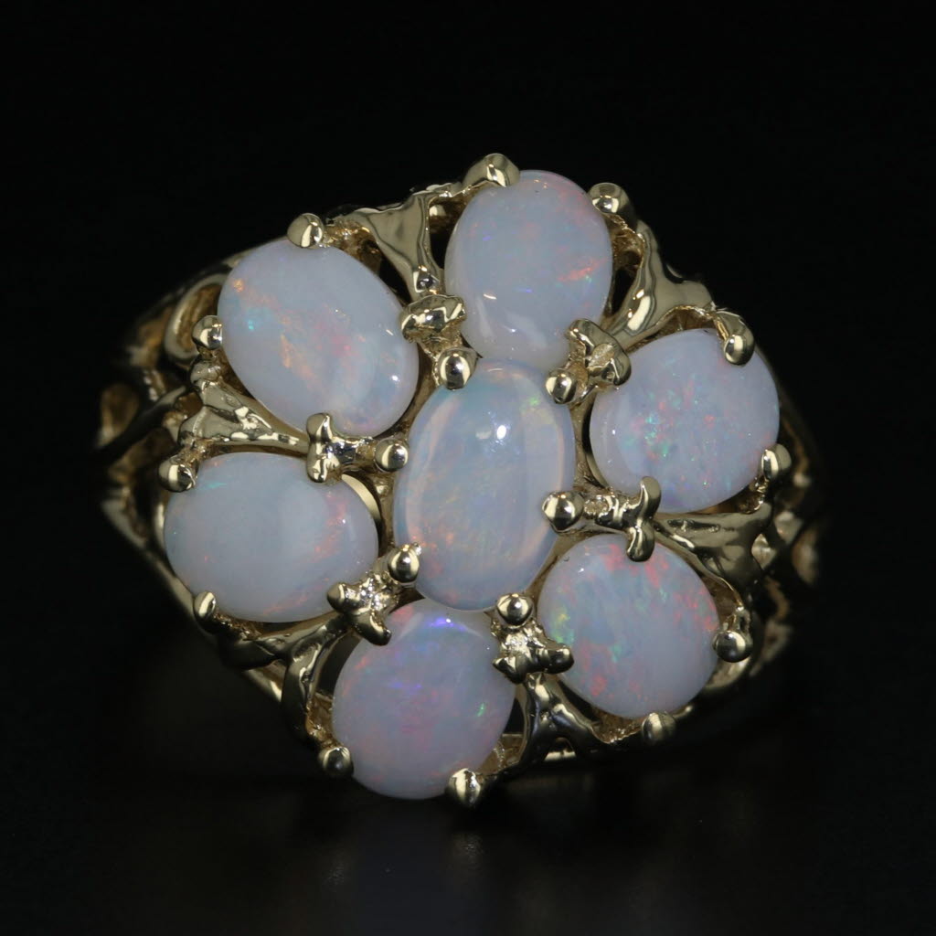 Dark Gray Opal Flower Cluster Ring 14k Yellow Gold Size 7