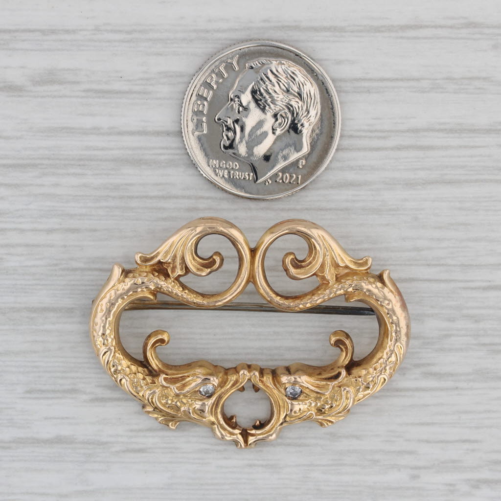 Gray Antique Diamond Dragon Brooch 14k Yellow Gold Pin