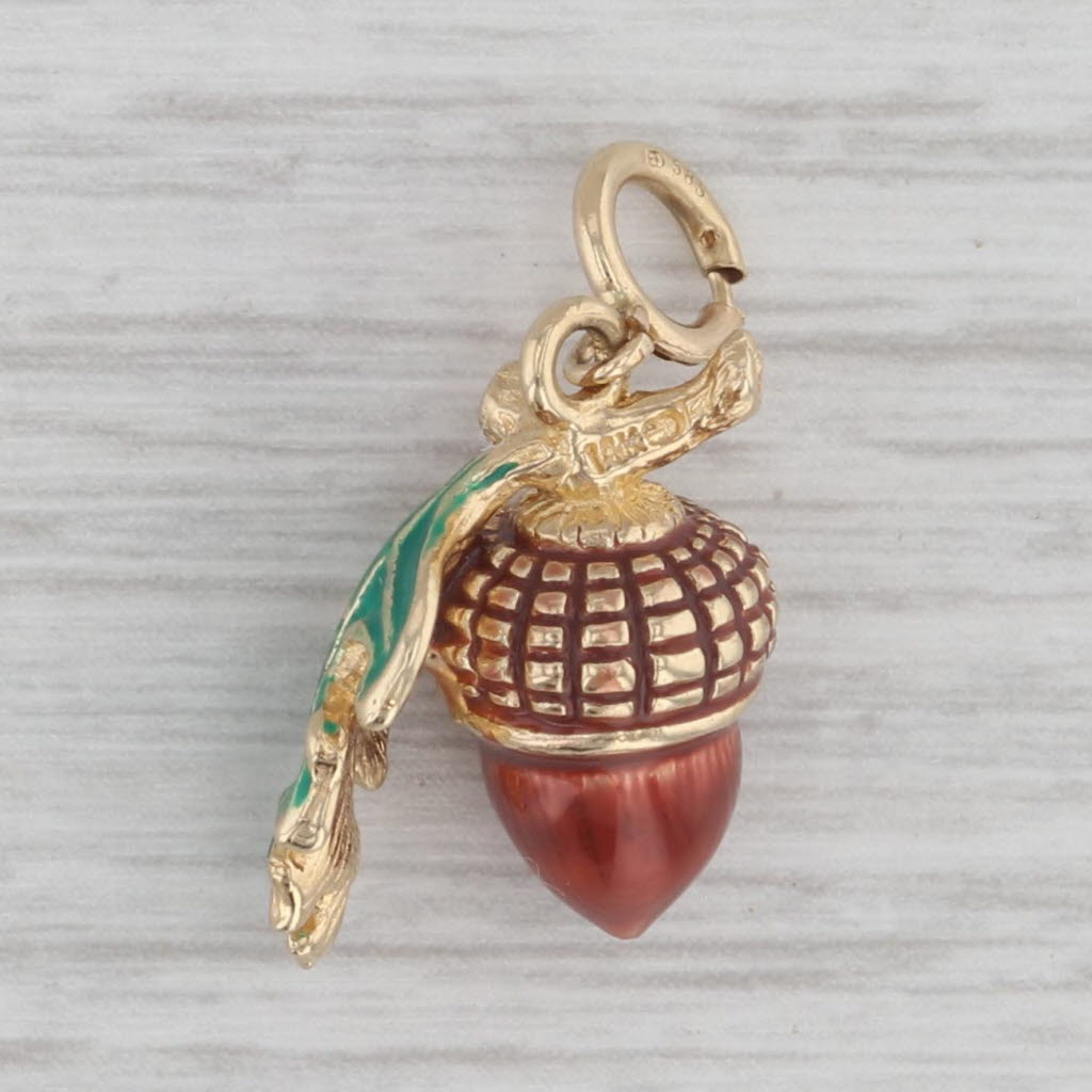 Gray Acorn Charm 14k Yellow Gold Enamel Woodland Forest Themed Pendant