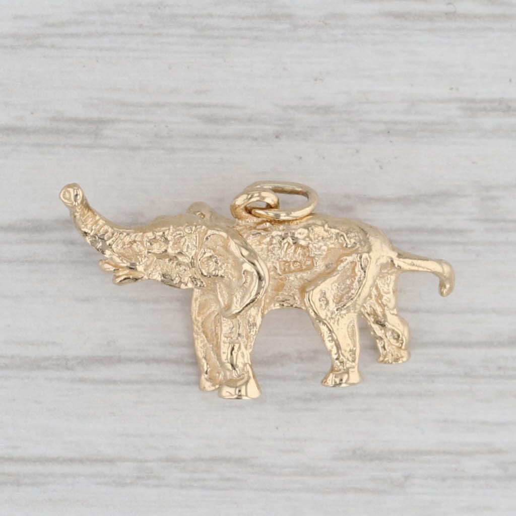 Gray Elephant Raised Trunk Charm 14k Yellow Gold Small Drop Good Luck Animal Jewelry