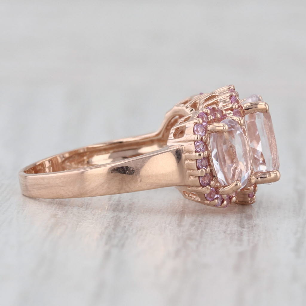 5ctw Pink Oval Kunznite Sapphire Halo 3-Stone Ring 10k Rose Gold Size 7.75