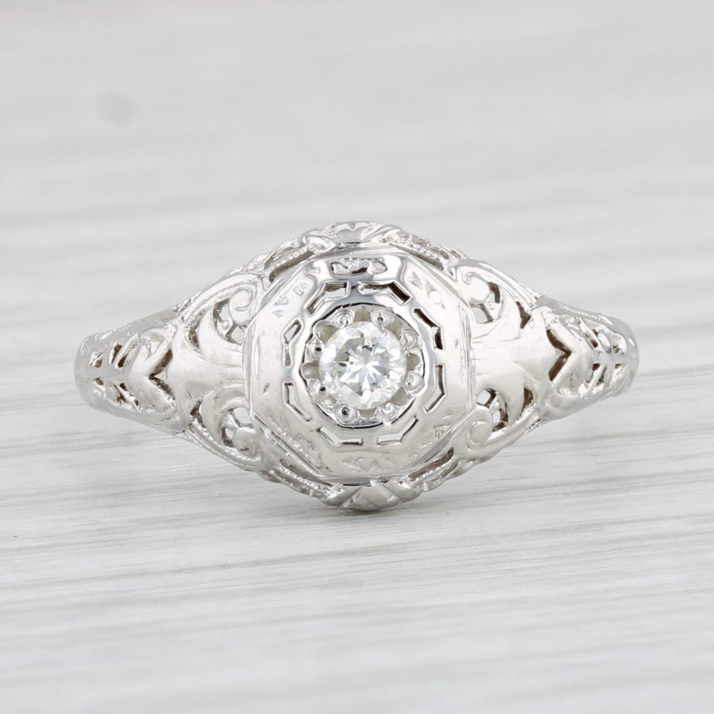 Light Gray Art Deco Diamond Solitaire Engagement Ring 18k White Gold Filigree Size 6.5