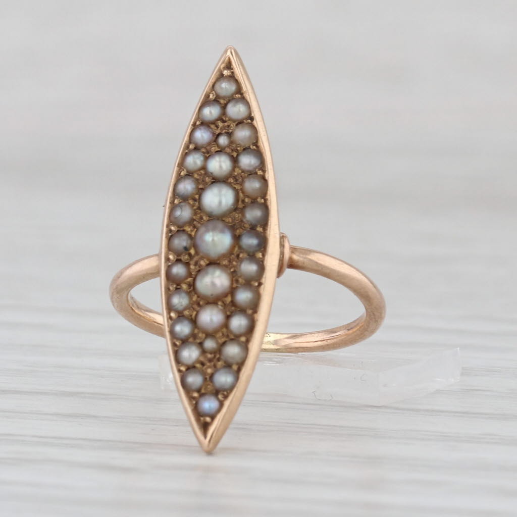 Seed Pearl Cluster Ring 10k Yellow Gold Size 2.25 Antique Navette