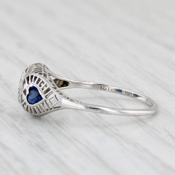 Art Deco 0.32ctw Diamond Lab Created Sapphire Filigree Heart Ring 18k Gold Sz 7