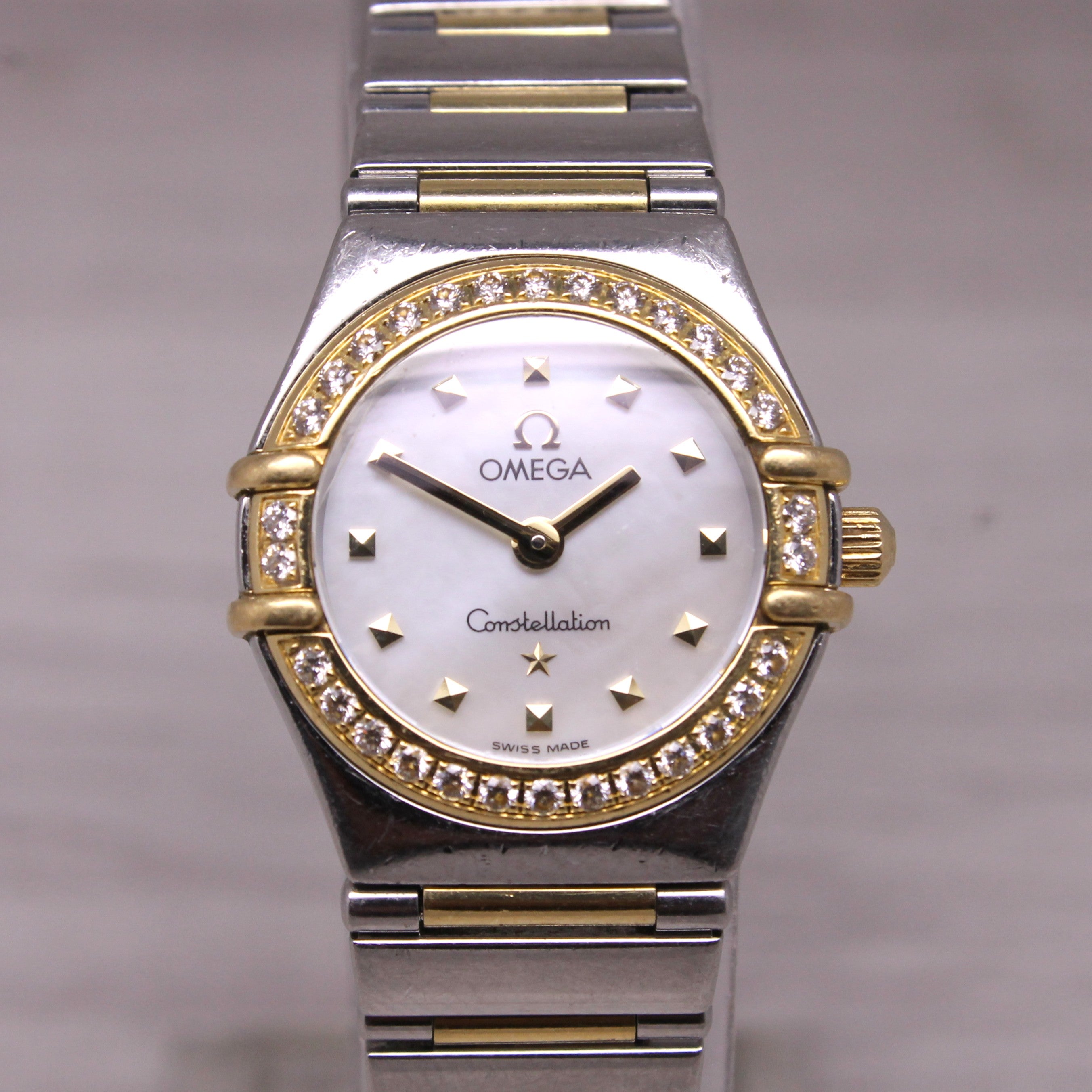 Omega Constellation "My Choice" Ladies 23mm Steel & Gold MOP Diamond Bar Watch