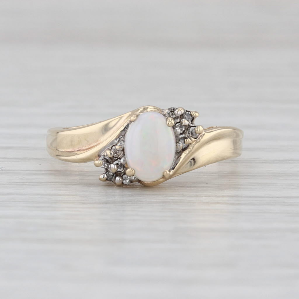 Oval Cabochon Opal Solitaire Ring 10k Yellow Gold Size 8.5 Diamond Accents