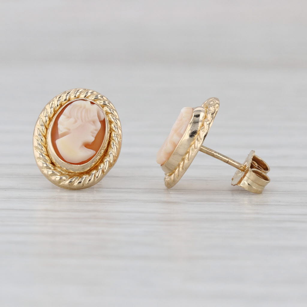 Vintage Carved Shell Cameo Stud Earrings 14k Yellow old Ornate Figural Studs