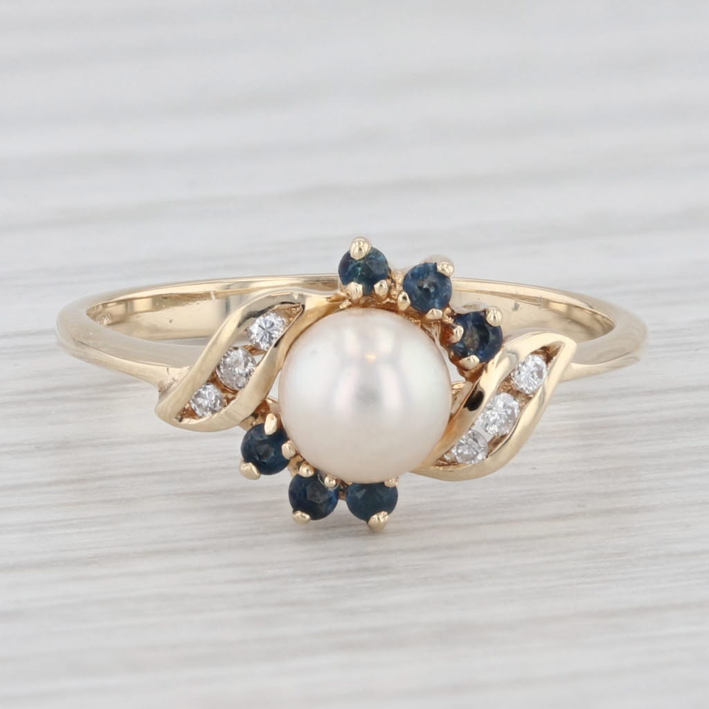 Light Gray 0.14ctw Cultured Pearl Blue Sapphire Diamond Ring 10k Yellow Gold Size 6.25