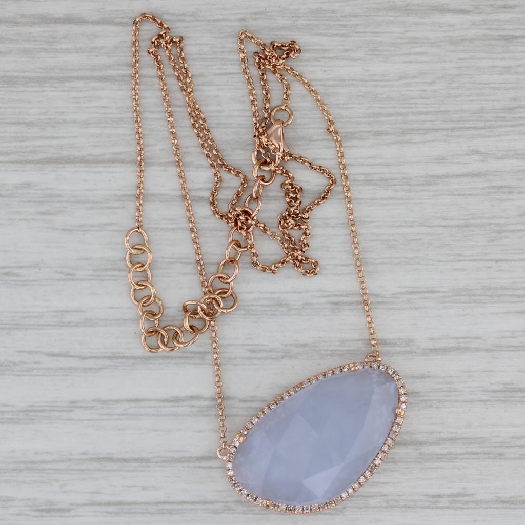 Gray Lavender Chalcedony Diamond Halo Pendant Necklace 14k Rose Gold 16-18"