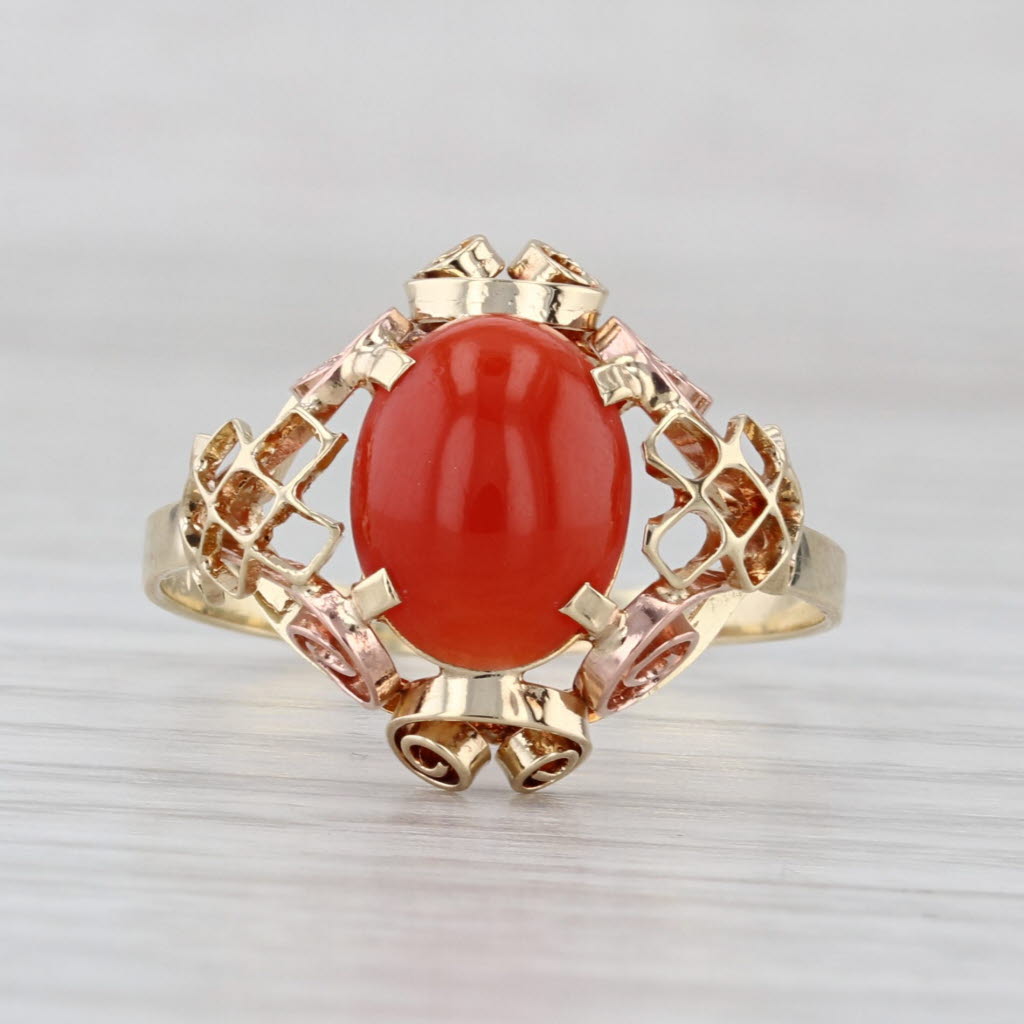 Vintage Coral Cabochon Solitaire Ring 14k Yellow Rose Gold Size 9.75