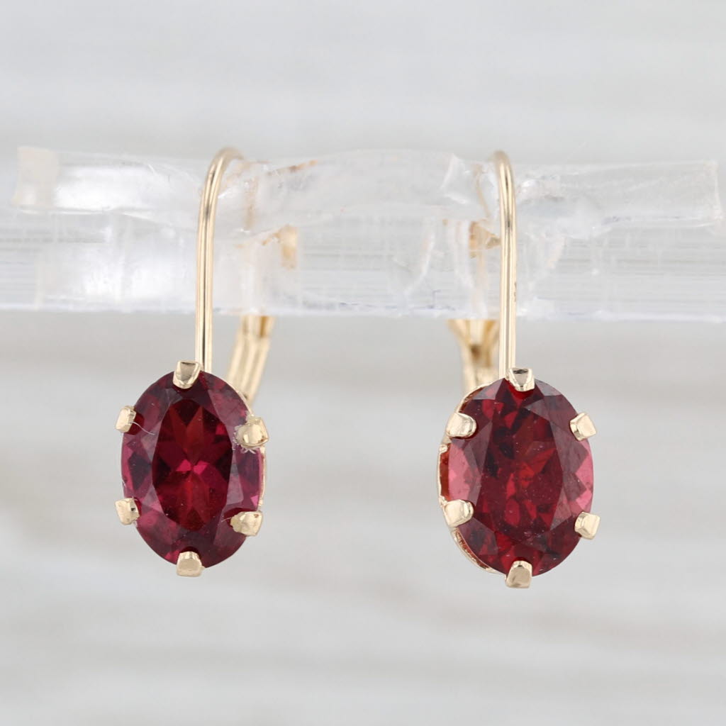 2ctw Rhodolite Garnet Drop Earrings 14k Yellow Gold Lever Backs Oval Solitaires