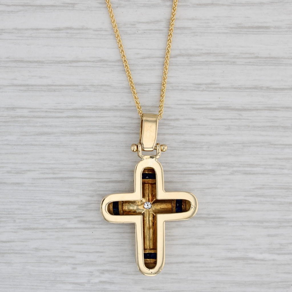 Gray 0.78ctw Blue Sapphire Diamond Cross Pendant Necklace 18k Gold 18" Wheat Chain