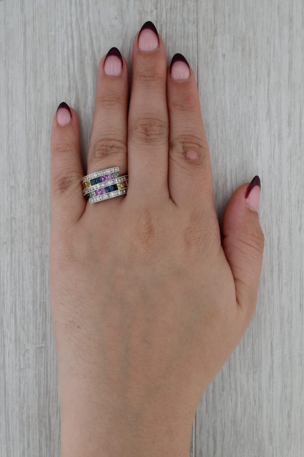 2.38ctw Multicolor Sapphire Diamond Bypass Ring 14k White Gold Size 7-7.25