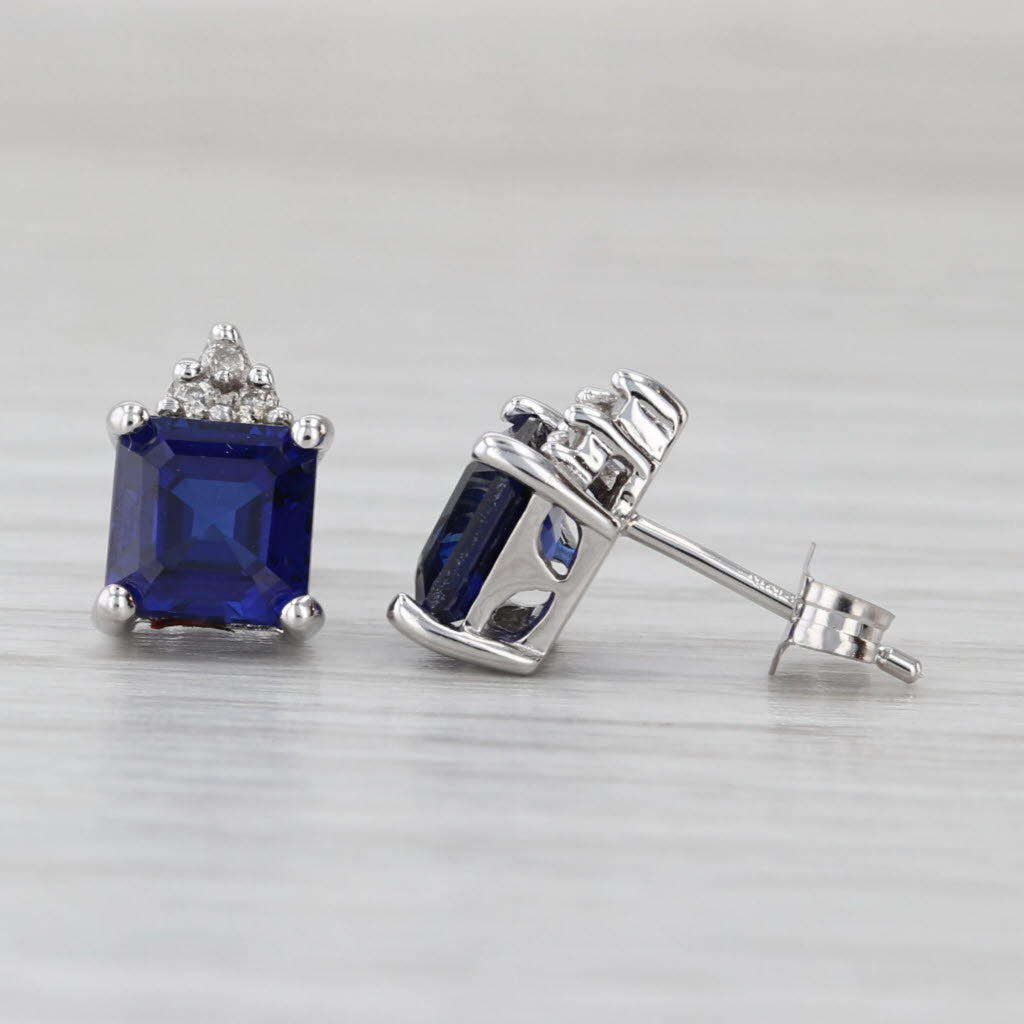 2.64ctw Lab Created Blue Sapphire Stud Earrings 10k White Gold Diamond Accents