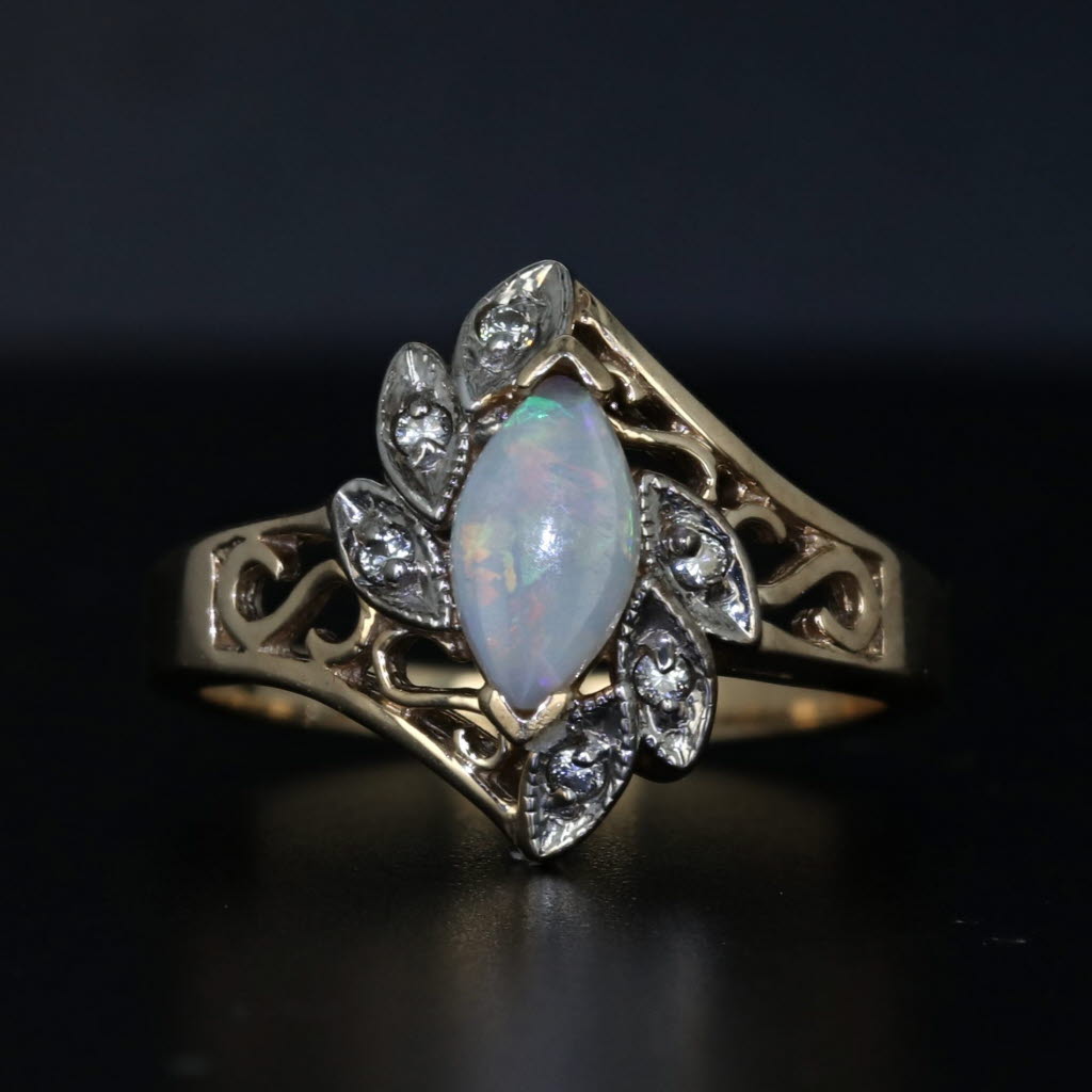 Black Marquise Opal Bypass Ring 10k Yellow Gold Size 5