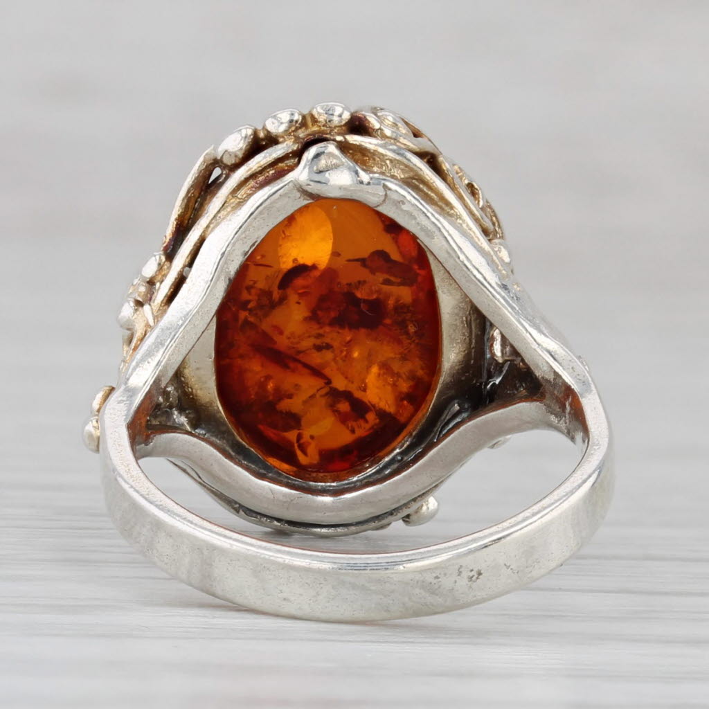 Gray Amber Oval Cabochon Ring Sterling Silver Floral Size 4.75