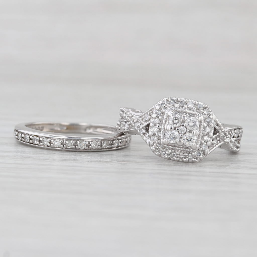 Light Gray 0.31ctw Diamond Halo Engagement Ring Wedding Band Bridal Set 14k Gold Size 4.75