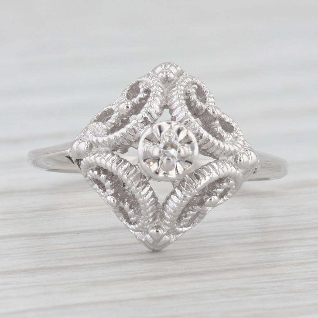 Light Gray Diamond Filigree Ring 10k White Gold Size 4.75 Solitaire Engagement Style