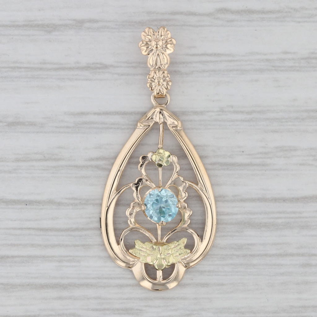 Gray Vintage 0.40 Blue Zircon Floral Lavalier Pendant 14K Yellow Green Gold