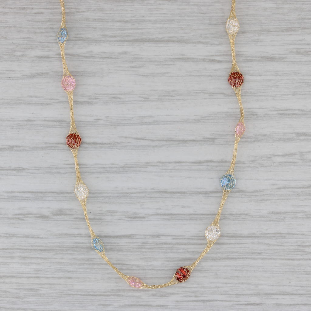 Gray Multicolor Cubic Zirconia Station Mesh Chain Necklace 14k Yellow Gold 18"