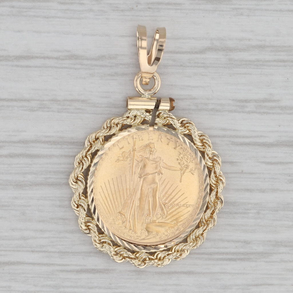 Gray 1986 American Gold Eagle Coin Pendant 14k 900 Yellow Gold 1/10th oz 5 Dollar