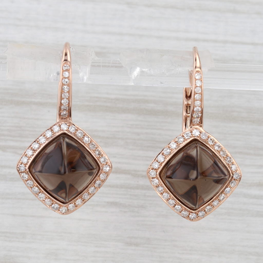 Light Gray 5.76ctw Sugar Loaf Smoky Quartz Diamond Halo Drop Earrings 14k Rose Gold