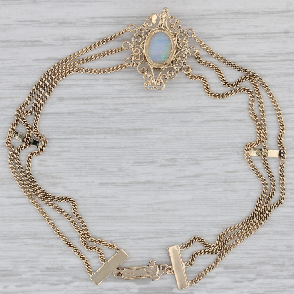 Gray Vintage Blue Opal Bracelet 14k Yellow Gold 9.5" Anklet 3-Strand Curb Chain