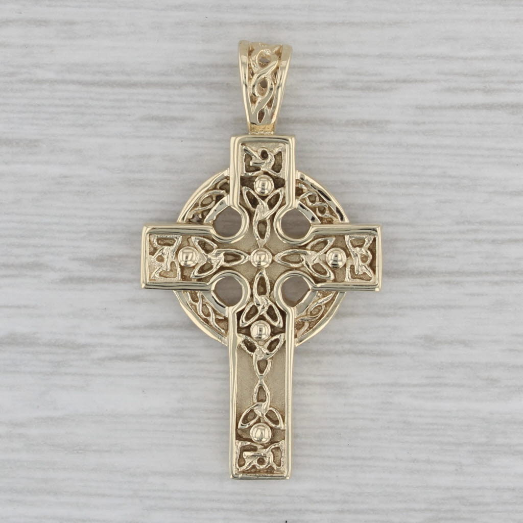 Gray Ornate Iona Celtic Cross Pendant 14k Yellow Gold Solvar Ireland