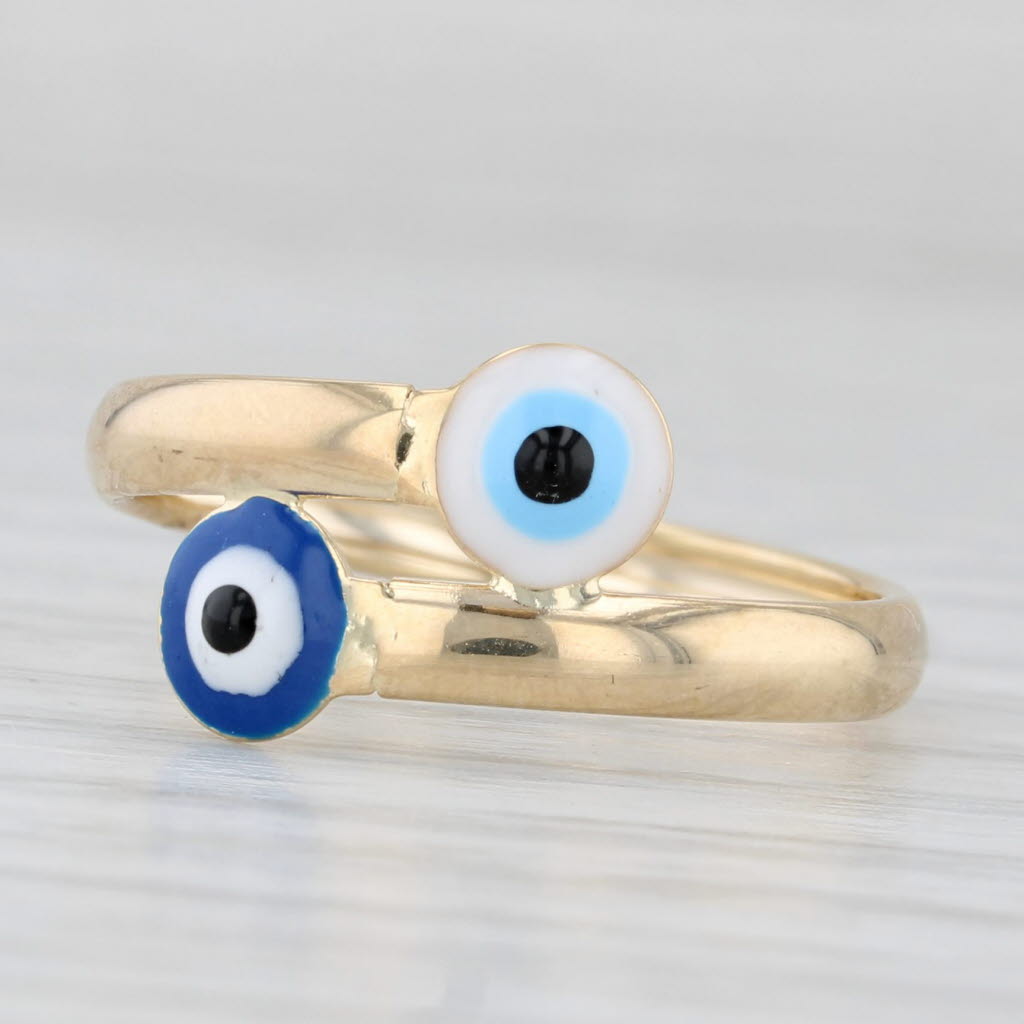 Light Gray New Enamel All Seeing Eye of Deity Bypass Ring 14k Yellow Gold Size 7