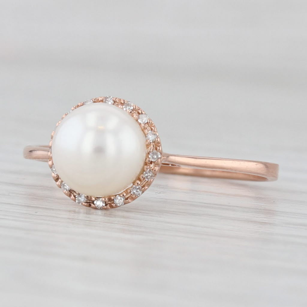 Light Gray Cultured Pearl Diamond Halo Ring 14k Rose Gold Size 7.5