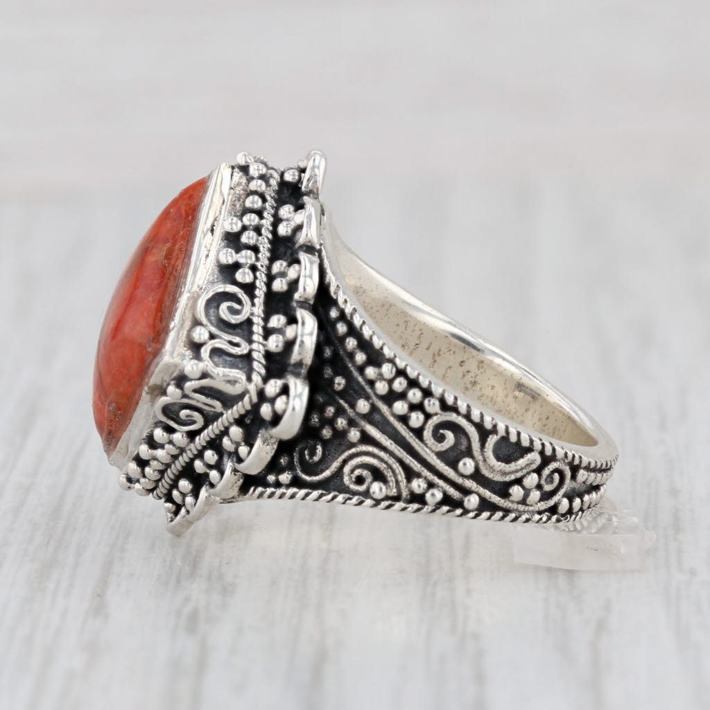 Orange Spiney Oyster Coral Resin Ornate Ring Sterling Silver Size 6.75