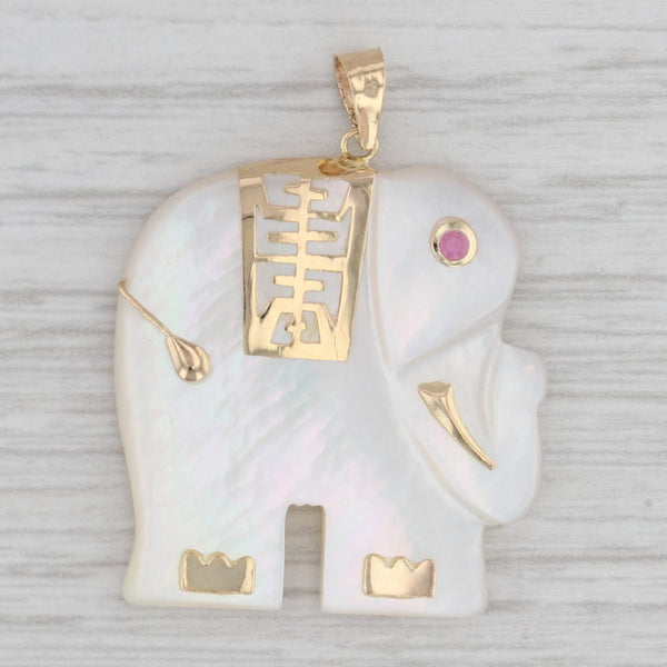 Mother of Pearl Elephant Pendant 14k Yellow Gold Chinese Calligraphy Good Luck